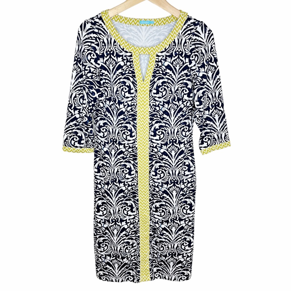 J. McLaughlin Baroque Chevron Trim 3/4 Sleeve Stretchy Dress Size Small